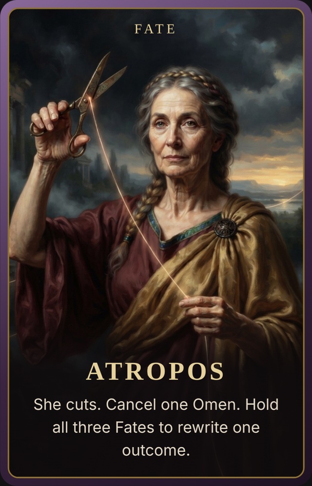 An older woman with grey braided hair holds up a single thread between her hands, calm, in a dark robe against black.