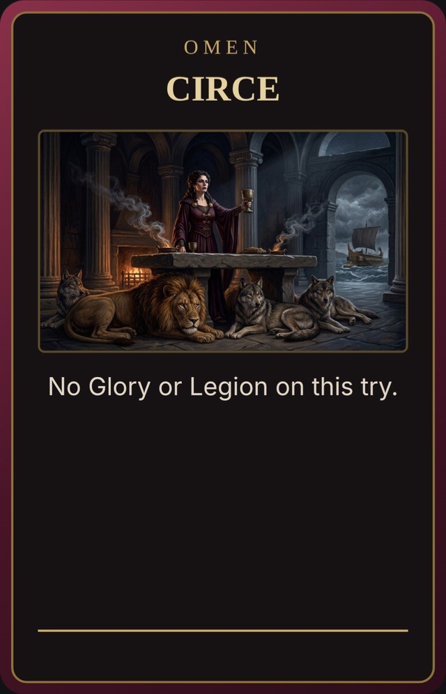 Circe sits at a table in a torchlit stone hall, a lion and a wolf at her feet, a ship beyond the window. Oxblood frame on black.