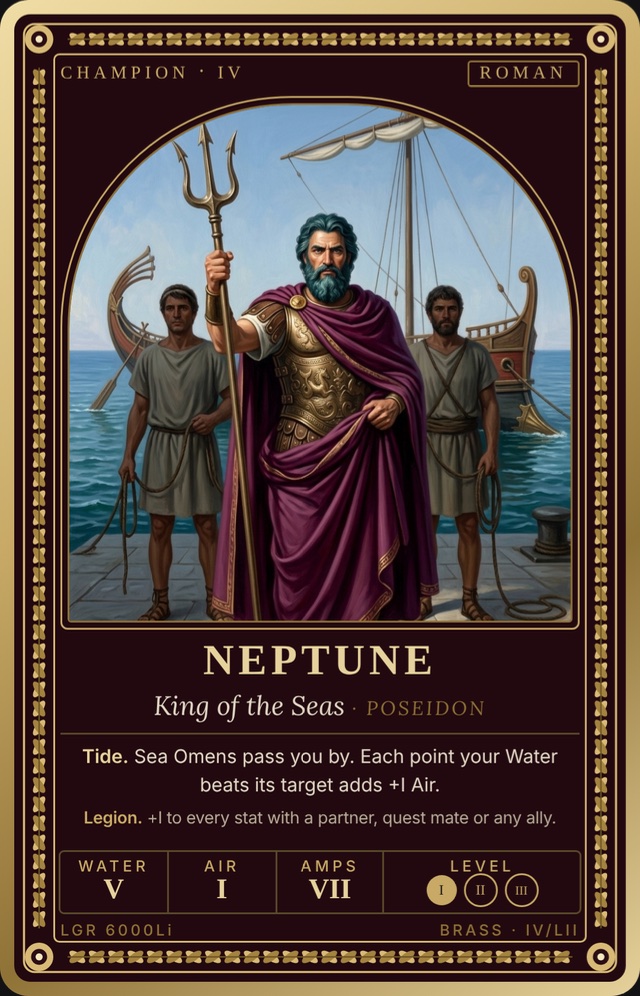 Neptune stands on a beach with two soldiers and a Roman ship behind, holding a trident, in purple cloak and bronze armour. Gold laurel border.