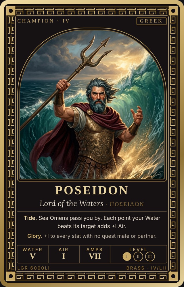 Poseidon raises a trident on a rocky shore as a wave crashes behind him, bearded, in bronze and sea-green. Gold Greek-key border.