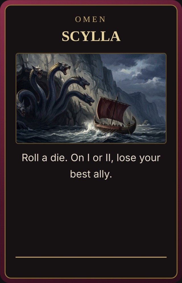 Six serpent heads rise from a cliff cave over a narrow strait as a ship with a red sail passes under lightning. Oxblood frame on black.