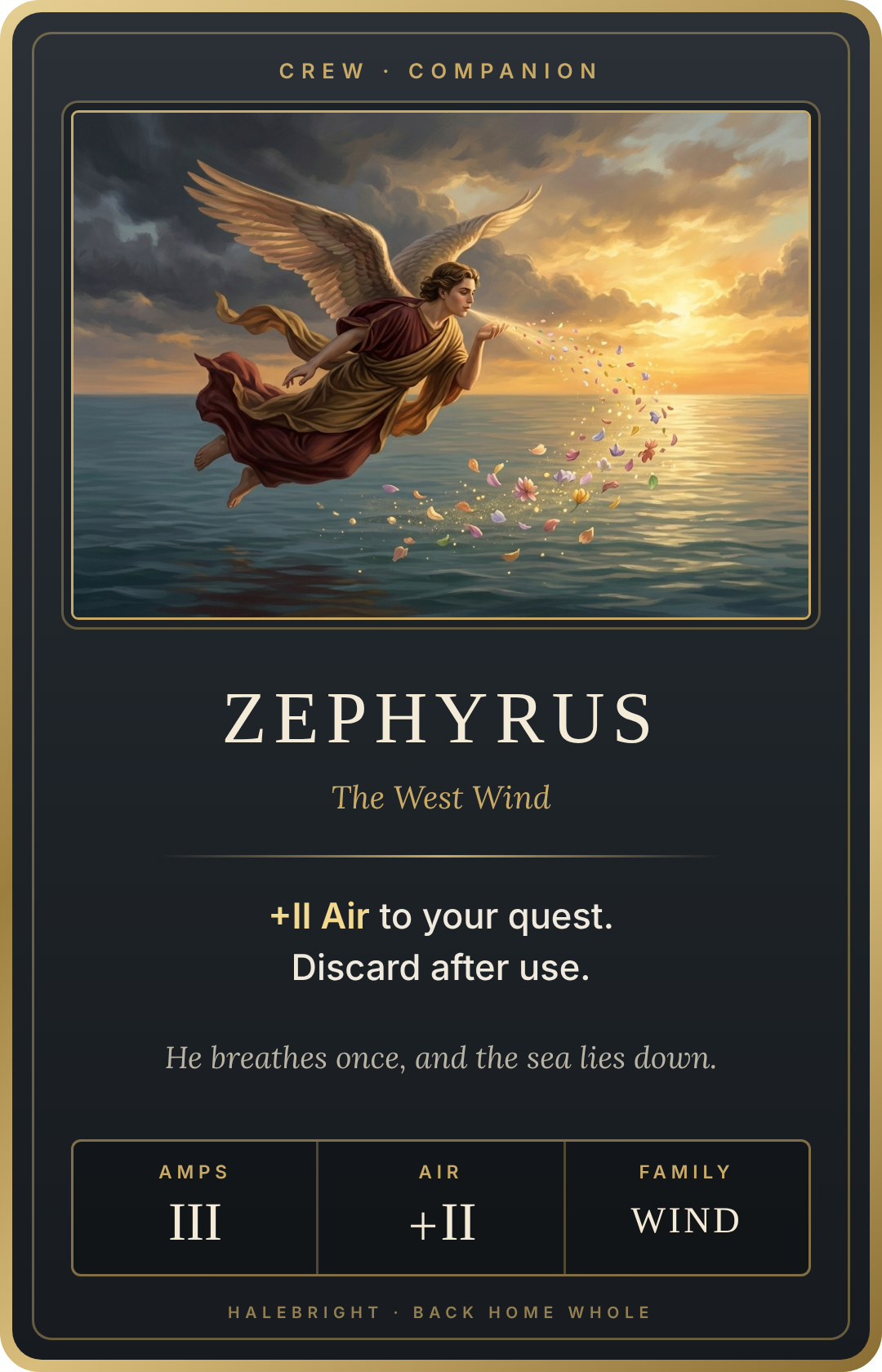 A winged young man in an oxblood and gold robe flies low over a calm sea at sunset, blowing a stream of flower petals from his hand. Dark slate card with a gold frame.
