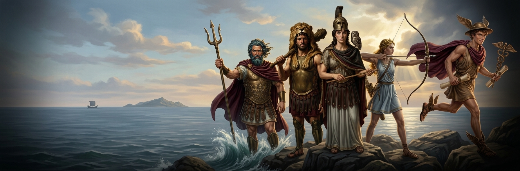 Five Greek gods stand on sea rocks at dawn: Poseidon with a trident, Heracles in a lion skin, Athena with an owl, Artemis drawing a bow, Hermes running with winged sandals. A small ship and an island sit far out to sea.